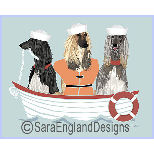 Art of 3 Afghan Hounds in a life boat; each wearing sailor caps. One wearing a life vest and another holding a rope.