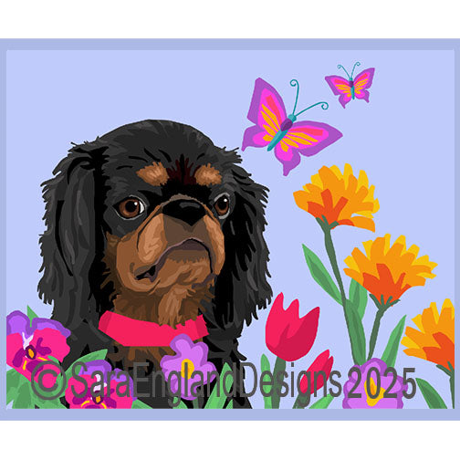 Dog art of a King Charles English Toy Spaniel looking at butterflies among spring flowers.