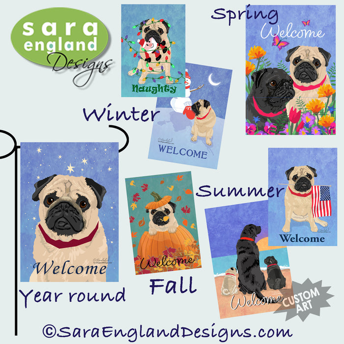 Pug Four Seasons Flag Set - Set of 4 Flags - One Predetermined Design for Each Season
